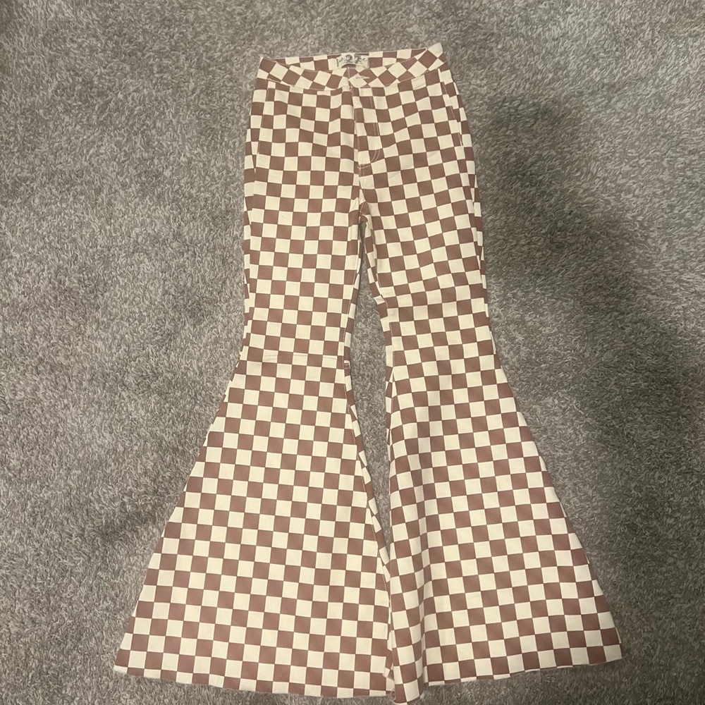 Free People Checkered Flare Pants!!! Super Cute + Like New!